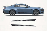 Blue sports car with 'Dark Horse' decal designs on a white background